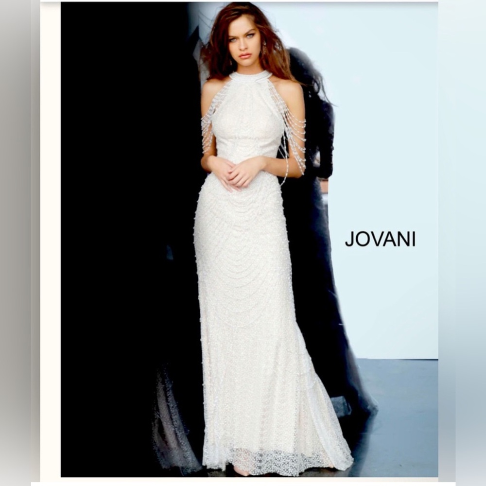 Jovani White Embellished beaded Halter Gown